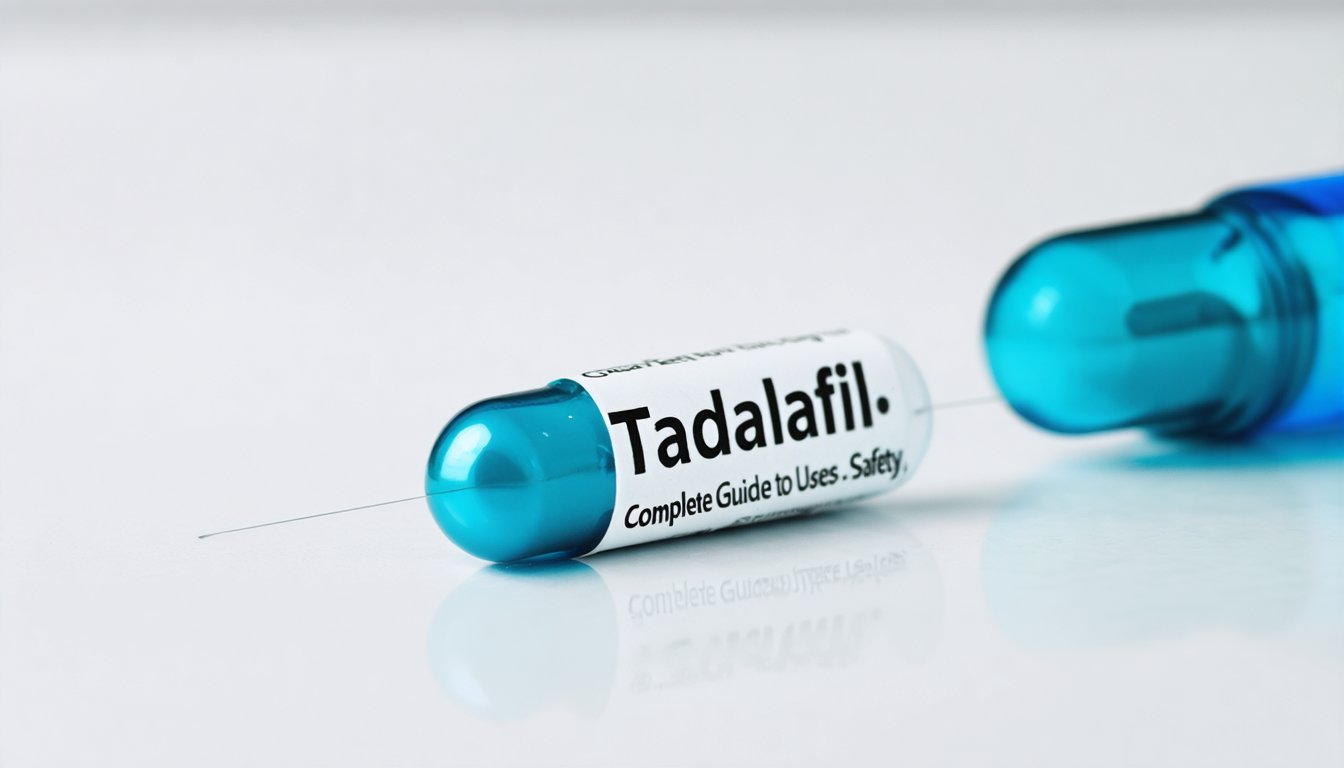 Blister pack of tadalafil tablets next to a glass of water on a bedside table, representing treatment for erectile dysfunction